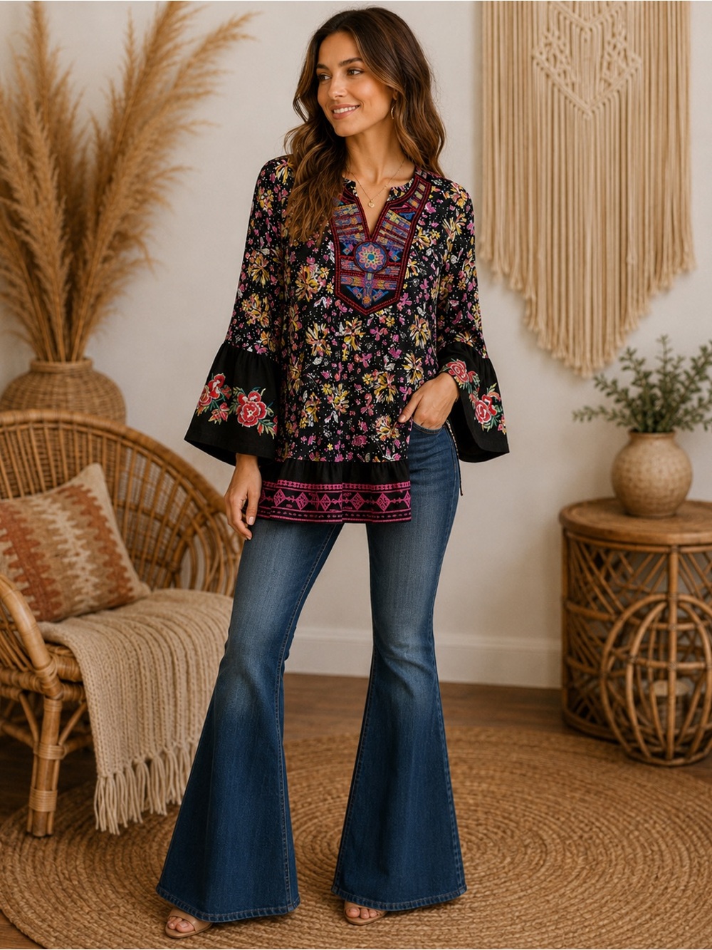 Boho Floral Embroidered Peasant Top - Black with Pink & Multicolor Accents